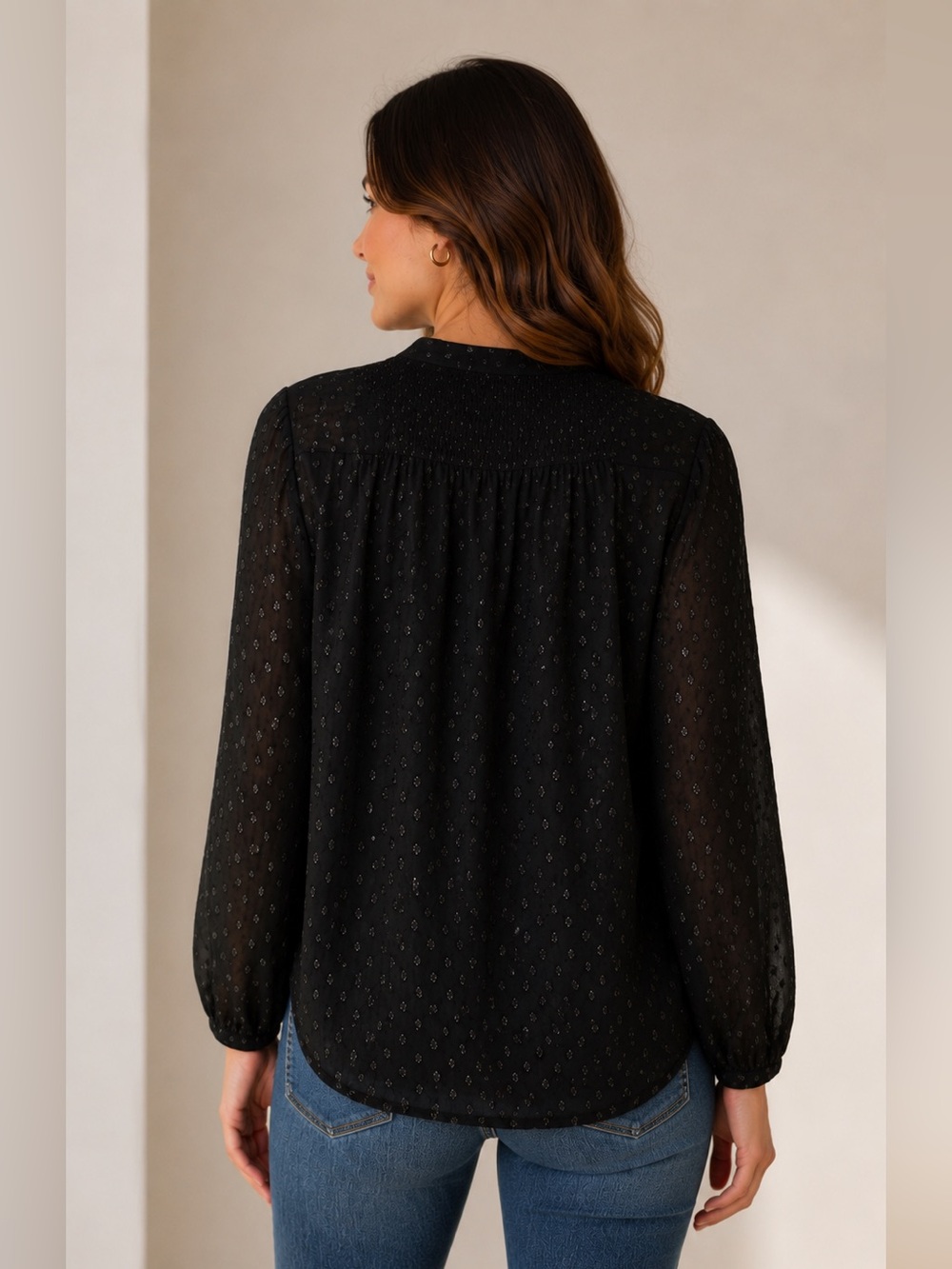 Mason & Belle Black Foil Shimmer Dot Button Blouse Women’s Lined Long Sleeve - Picture 4 of 11
